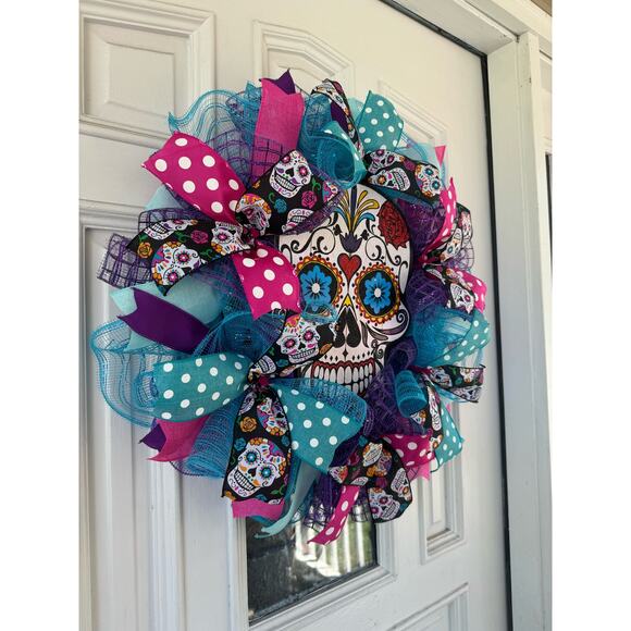 Day of the Dead Sugar Skull Los Dias De Los Muertes Pink Halloween Wreath Decor - Picture 4 of 6